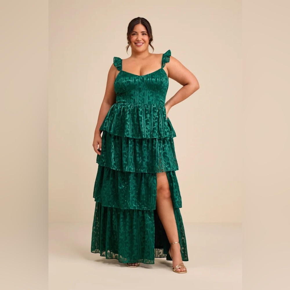 Lulus Stunning Glory Hunter Green Floral Jacquard Tiered Maxi Dress - Picture 5 of 11